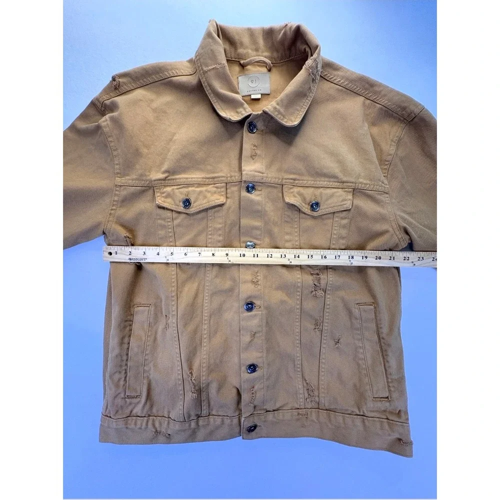 Cotton On 91 Men's Distressed Denim Trucker Jacket Tan Khaki XL Ripped Outerwear